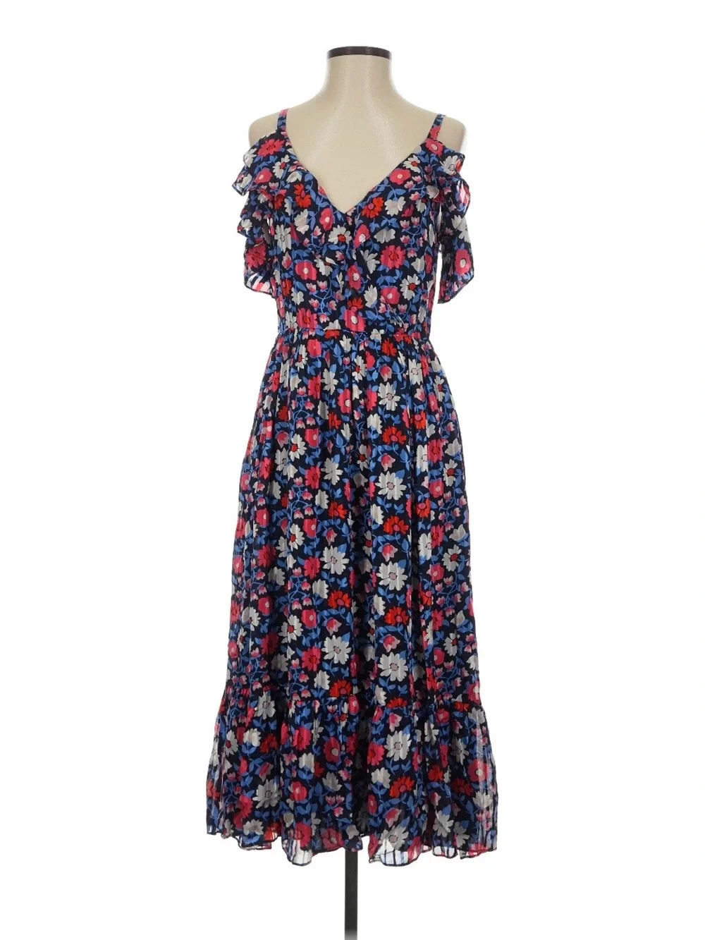 Kate Spade Navy Floral Cold Shoulder Ruffle Midi Dress - Sz 2